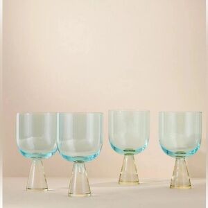 Anthropologie Set/4 Ramona Sky Blue Green Wine Glasses